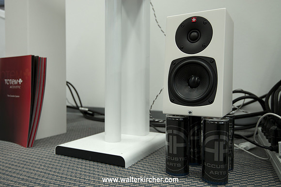HIGH END 2014: Totem Acoustic Kin bookshelf speaker (European premiere) with Accustic Arts energy drinks as robust stands