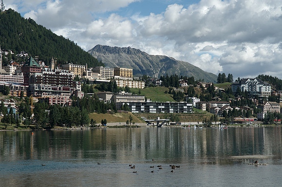 St. Moritz, 1822m - 5 star Badrutt's Palace Hotel (left), Kulm Hotel St. Moritz (mid) and Carlton Hotel St. Moritz (right)