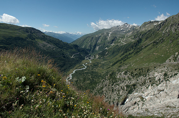 Furka Pass (2429m), a high mountain pass in the Swiss Alps connecting Gletsch, Valais with Realp, Uri