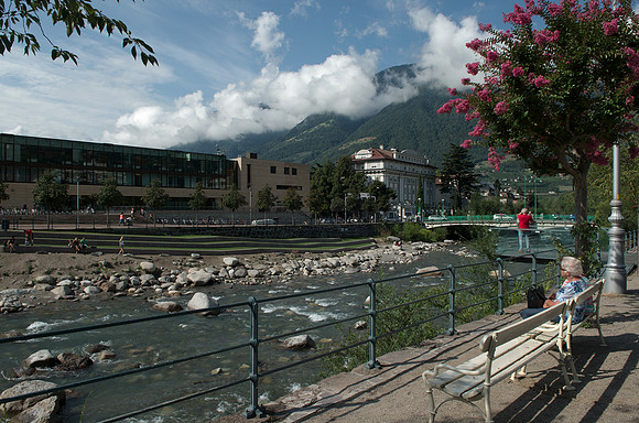 Merano, South Tyrol - view to Therme Merano with Etsch river