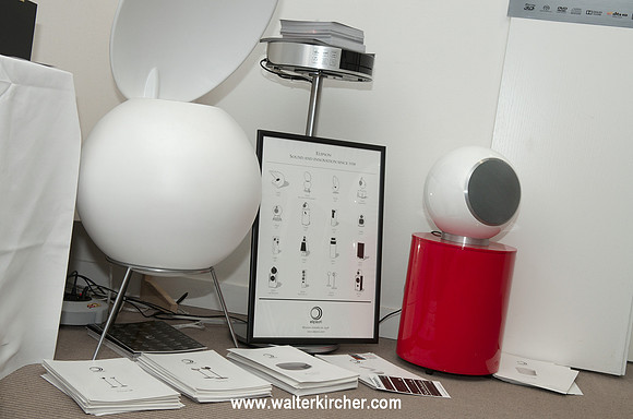 Elispon: bs 50 Tribute loudspeaker, Music Center, white Planet L loudspeaker with red Planet sub - Hanzel Audio room at the High End Slovakia 2013 in Bratislava