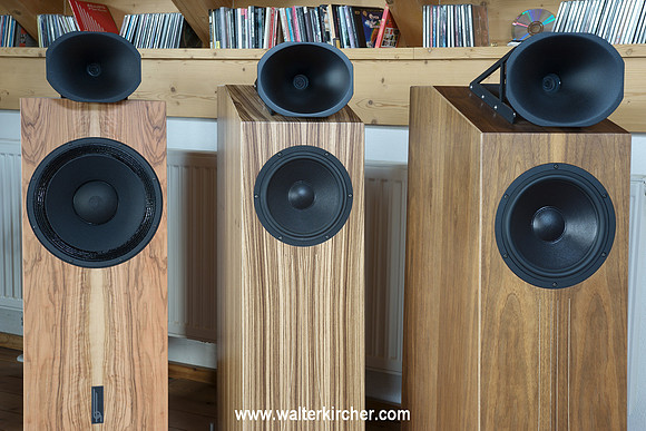 Blumenhofer Acoustics showroom from left to right: Genuin FS2 and two times Big Fun 20 speakers