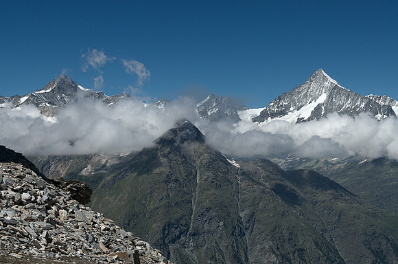 Rothorn 3103m - looking northwest: Zinalrothorn (4221m) and Weisshorn (4505m) - left to right