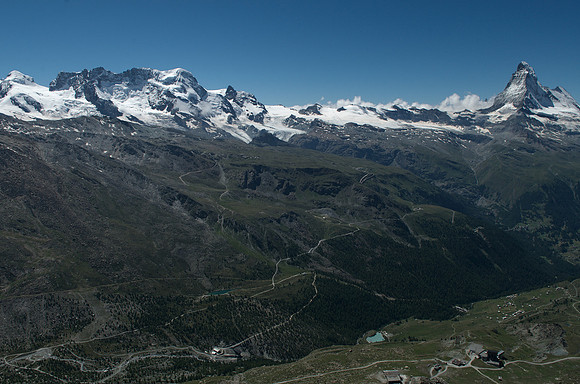 Rothorn 3103m - panorama looking southwest: Pollux 4092m, Breithorn 4164m and Matterhorn 4478m (left to right)