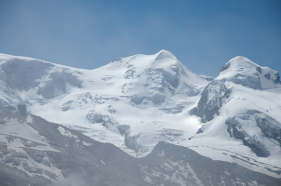 Rothorn 3103m - looking south: Castor 4223m (mid left) and Pollux 4092m (mid right peak)