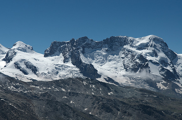 Rothorn 3103m - looking south: Pollux 4092m and Breithorn 4165m (left to right)