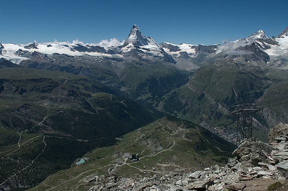 Rothorn 3103m - panorama looking southwest: Matterhorn 4478m (mid) and Dent Blanche 4357m (right peak)