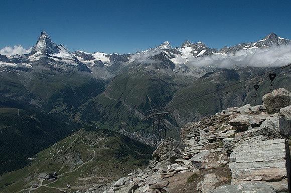 Rothorn 3103m - panorama looking west: Matterhorn 4478m, Dent Blanche 4357m, Obergabelhorn 4063m and Zinalrothorn 4221m (left to right)
