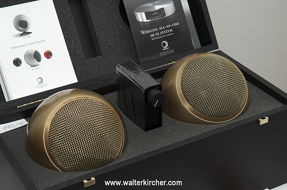 Iconic Elipson Planet M Gold Matt compact loudspeaker in a luxurious black case, accompanied by an NuForce all-in-one amplifier - Hanzel Audio room at the High End Slovakia 2013