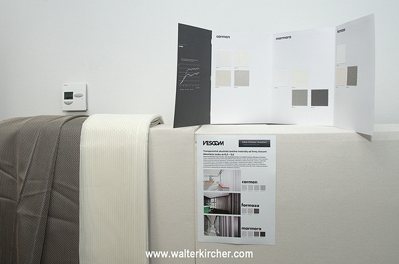 Zalan Schuster (Zalan Schuster Acoustics), co-exhibitor of Hanzel audio room optimized the big room acoustically - GIK Acoustics room tuning elements and new Vescom acoustic curtain fabrics