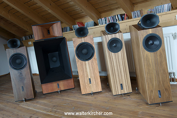 Blumenhofer Acoustics showroom, from left to right: two times Genuin FS2 and Grand Gioa, two times Big Fun 20