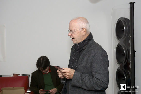 Richard Winter (CEO of Gramola record label) with compact disc of Pianist Ulrike Fendel in front of SoulSonic Impulse SE speakers