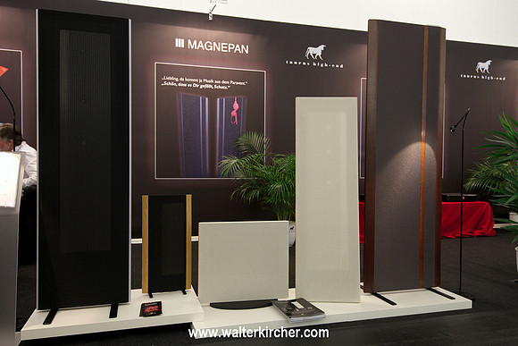 HIGH END 2014 - Magnepans: left you see MG1.7, from right new MG3.7i, MG 12/QR and MG DWM Bass Panel