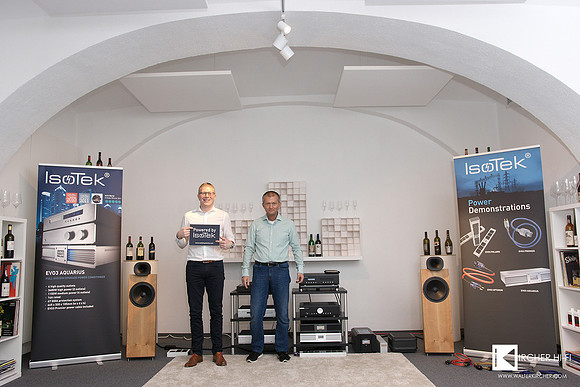 Bjorn Hegelstad and myself in front of IsoTek workshop setup